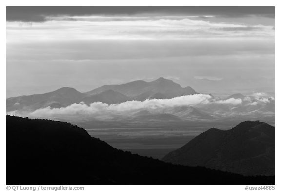 Desert mountains with storm clouds. Chiricahua National Monument, Arizona, USA (black and white)