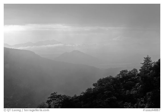 Vegetated ridge and storm. Chiricahua National Monument, Arizona, USA (black and white)