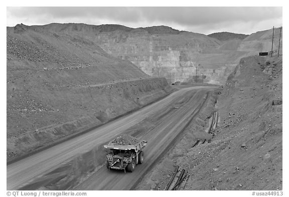 Truck with copper ore in open pit Morenci mine. Arizona, USA (black and white)