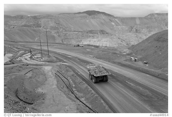 Mining truck carrying rocks, Morenci. Arizona, USA (black and white)