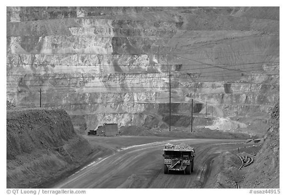 Truck and copper mine terraces, Morenci. Arizona, USA (black and white)