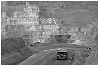 Truck and copper mine terraces, Morenci. Arizona, USA (black and white)