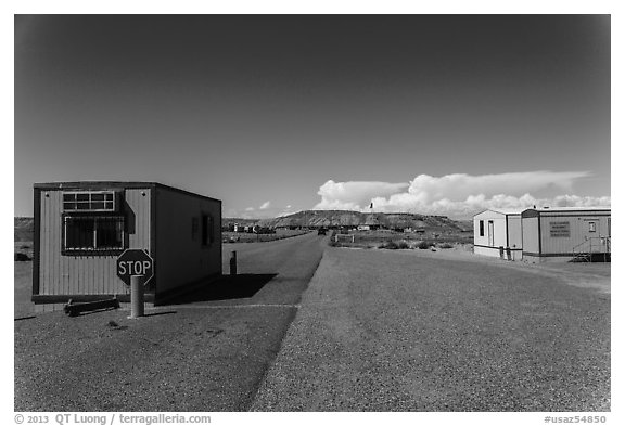 Mobile buildings at entrance. Four Corners Monument, Arizona, USA (black and white)