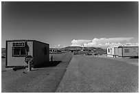 Mobile buildings at entrance. Four Corners Monument, Arizona, USA (black and white)