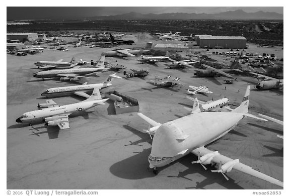 Aerial view of aircraft in Pima Air and space museum. Tucson, Arizona, USA (black and white)