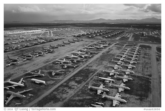 Aerial view of rows of retired military aircraft. Tucson, Arizona, USA (black and white)