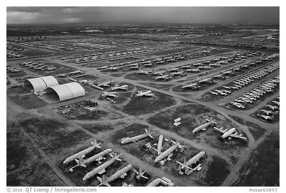 Aerial view of Aircraft Maintenance and Regeneration Group Boneyard. Tucson, Arizona, USA (black and white)