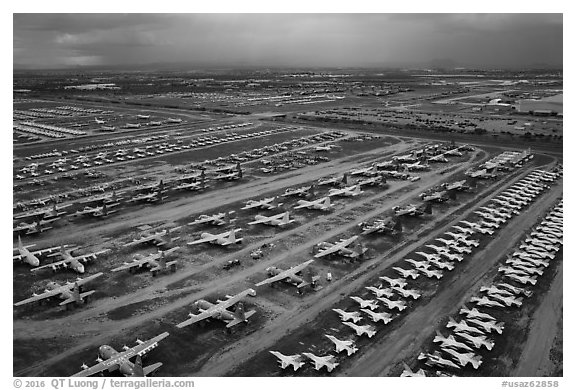 Aerial view of retired military aircraft. Tucson, Arizona, USA (black and white)
