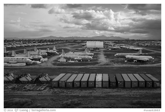 Aerial view of airforce boneyard. Tucson, Arizona, USA (black and white)