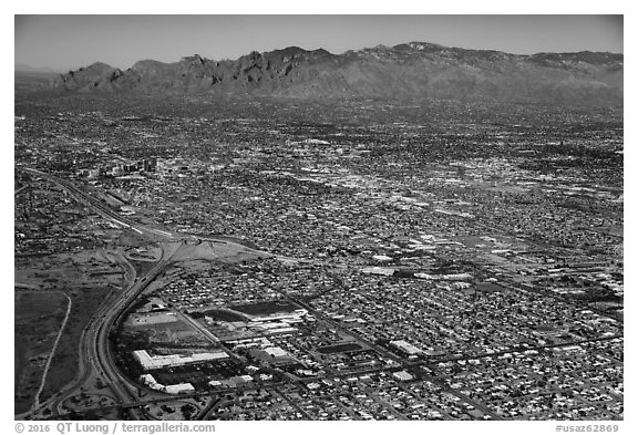 Aerial view of Tucson and mountains. Tucson, Arizona, USA (black and white)