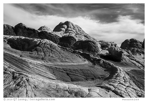 White layer above read layer of twisting sandstone. Vermilion Cliffs National Monument, Arizona, USA (black and white)