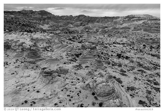 Aerial view of Cottonwood Teepees. Vermilion Cliffs National Monument, Arizona, USA (black and white)