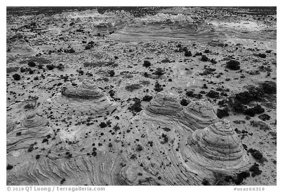 Aerial view of Cottonwood Teepees, Coyotte Buttes South. Vermilion Cliffs National Monument, Arizona, USA (black and white)