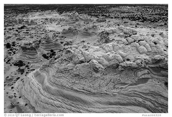 Aerial view of colorful sandstone formations, Coyote Buttes South. Vermilion Cliffs National Monument, Arizona, USA (black and white)