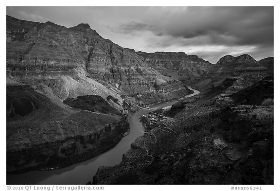Grand Canyon at dusk from from Whitmore Canyon Overlook. Grand Canyon-Parashant National Monument, Arizona, USA (black and white)