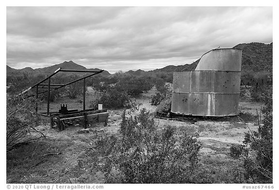 Abandonned farming equipment. Sonoran Desert National Monument, Arizona, USA (black and white)