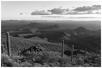 Table Mountain slopes and distant Vekol Valley, late afternoon. Sonoran Desert National Monument, Arizona, USA ( black and white)