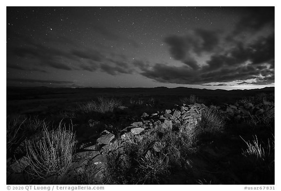 Pueblo la Plata ruins at night. Agua Fria National Monument, Arizona, USA (black and white)