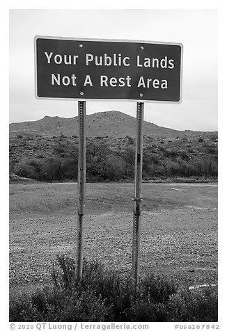 Public Lands not a rest area sign. Agua Fria National Monument, Arizona, USA (black and white)