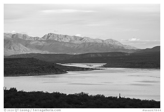 Theodore Roosevelt Lake and Mt Ord at dawn. Tonto Naftional Monument, Arizona, USA (black and white)