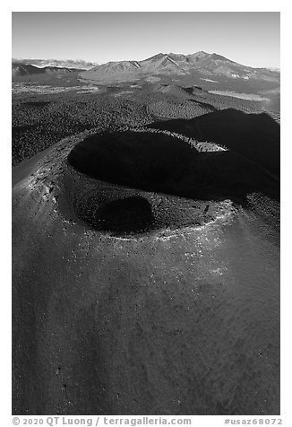 Aerial View of Sunset Crater and Humphreys Peak. Sunset Crater Volcano National Monument, Arizona, USA (black and white)