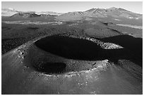 Aerial View of Sunset Crater with Humphreys Peak, San Francisco Mountains. Sunset Crater Volcano National Monument, Arizona, USA ( black and white)
