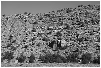 Jumble of boulders on hill including the Maze Rock Art site. Vermilion Cliffs National Monument, Arizona, USA ( black and white)