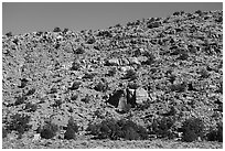 Jumble of boulders on hill including the Maze Rock Art site. Vermilion Cliffs National Monument, Arizona, USA ( black and white)