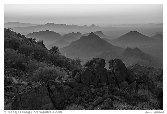 Pan Quemado peaks from Waterman Mountains at dawn. Ironwood Forest National Monument, Arizona, USA (black and white)