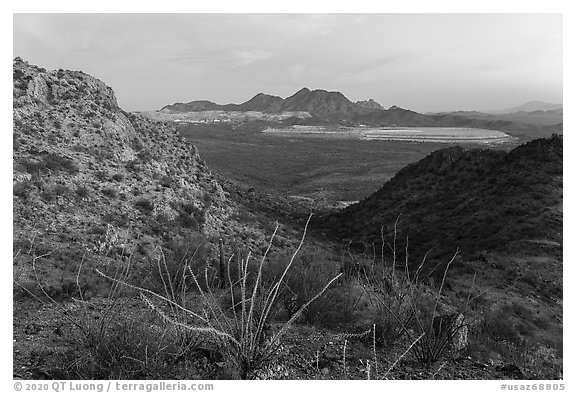 Silver Bell Mountains and mine at dawn. Ironwood Forest National Monument, Arizona, USA (black and white)