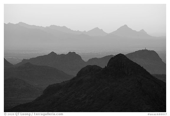 Tucson Valley from Waterman Mountains at sunrise. Ironwood Forest National Monument, Arizona, USA (black and white)
