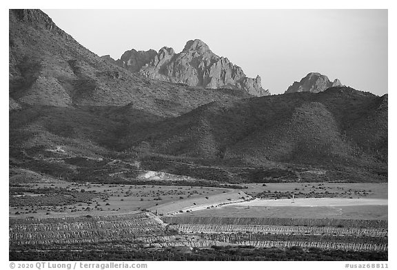 Silver Bell tailings pond, Ragged Top, and Wolcott Peak. Ironwood Forest National Monument, Arizona, USA (black and white)