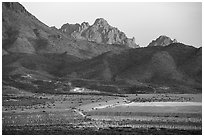 Silver Bell tailings pond, Ragged Top, and Wolcott Peak. Ironwood Forest National Monument, Arizona, USA ( black and white)