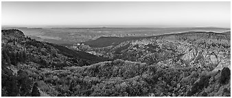 Grand Canyon and Hells Hole from Mount Logan at sunrise. Grand Canyon-Parashant National Monument, Arizona, USA (Panoramic black and white)