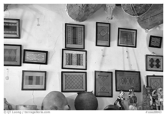 Framed paintings of Navajo rug designs commissioned by Hubbell. Hubbell Trading Post National Historical Site, Arizona, USA (black and white)