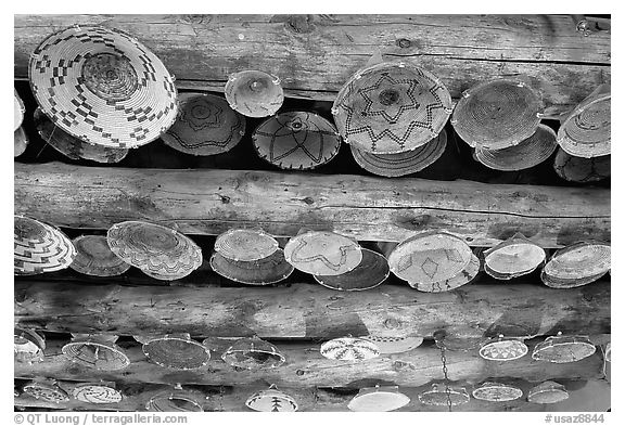 Native Indians baskets hanging from ceiling. Hubbell Trading Post National Historical Site, Arizona, USA (black and white)