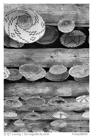 Native Indians baskets hanging from ceiling. Hubbell Trading Post National Historical Site, Arizona, USA (black and white)
