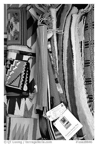 Navajo blankets and rugs for sale. Hubbell Trading Post National Historical Site, Arizona, USA (black and white)