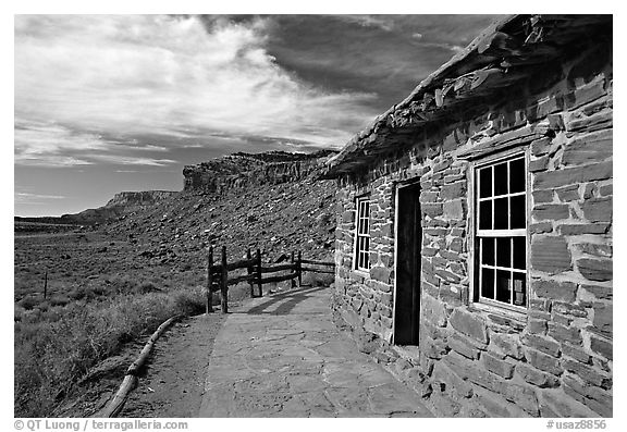 West Cabin and Vermillion Cliffs. Pipe Spring National Monument, Arizona, USA (black and white)