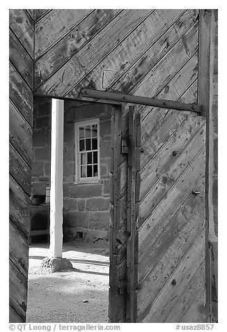 Wooden door of Winsor Castle. Pipe Spring National Monument, Arizona, USA
