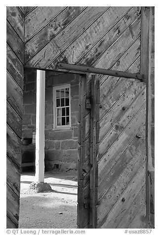 Wooden door of Winsor Castle. Pipe Spring National Monument, Arizona, USA