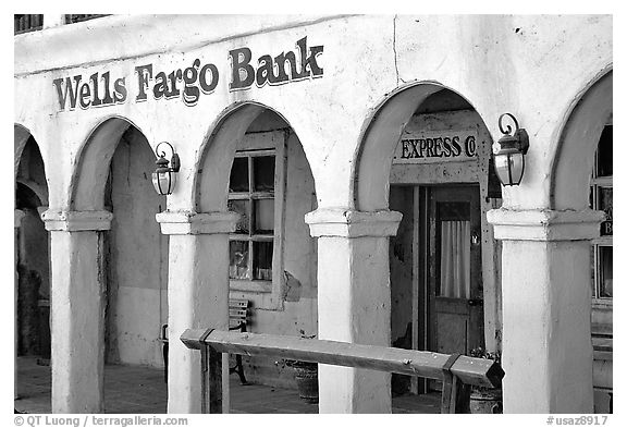 Arcades of Wells Fargo Bank, Old Tucson Studios. Tucson, Arizona, USA (black and white)