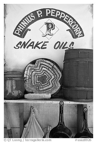 Snake Oil display, Old Tucson Studios. Tucson, Arizona, USA (black and white)