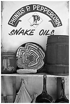 Snake Oil display, Old Tucson Studios. Tucson, Arizona, USA (black and white)