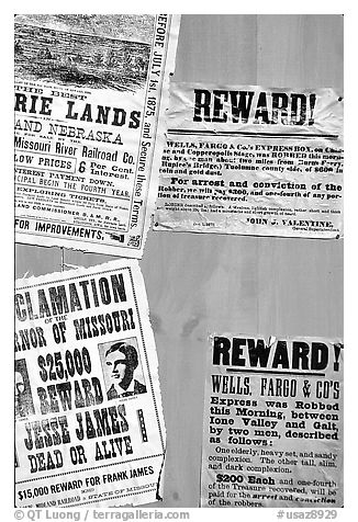 Wanted and Reward signs, Old Tucson Studios. Tucson, Arizona, USA (black and white)