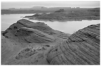 Sandstone Swirls and Lake Powell, Glen Canyon National Recreation Area, Arizona. USA (black and white)