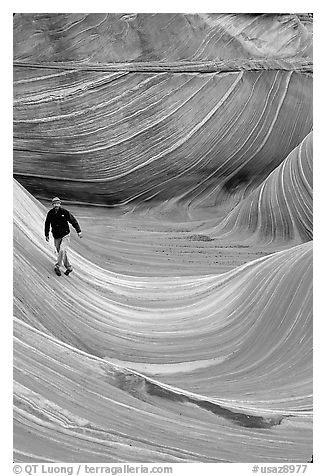 Hiker balances himself in the Wave. Vermilion Cliffs National Monument, Arizona, USA (black and white)