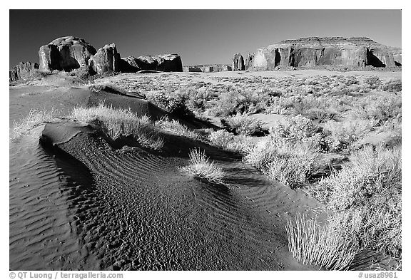 Sand dune and mesas, late afternoon. Monument Valley Tribal Park, Navajo Nation, Arizona and Utah, USA (black and white)