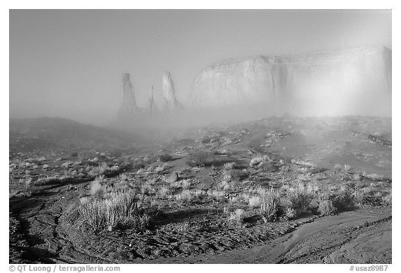 Three sisters, clearing fog, morning. Monument Valley Tribal Park, Navajo Nation, Arizona and Utah, USA