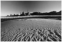 Sand dunes, Yei bi Chei, and Totem Pole, late afternoon. Monument Valley Tribal Park, Navajo Nation, Arizona and Utah, USA (black and white)